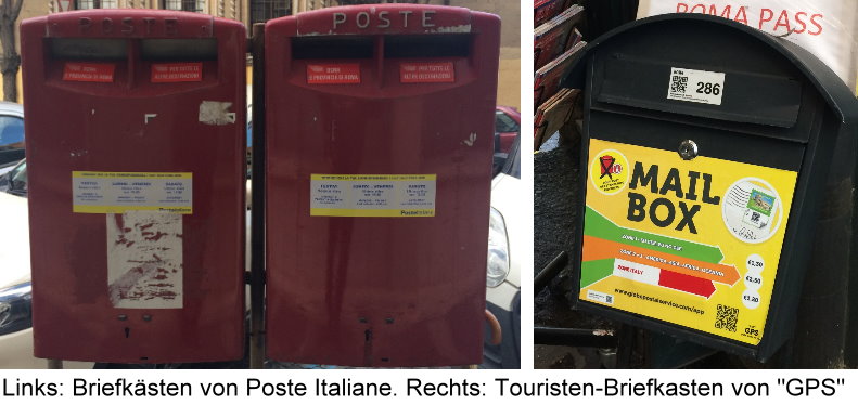 Briefkästen von Poste Italiane und GPS Post