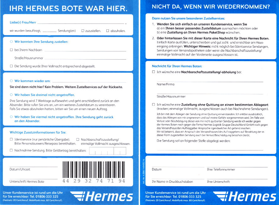 Benachrichtigungskarte von Hermes