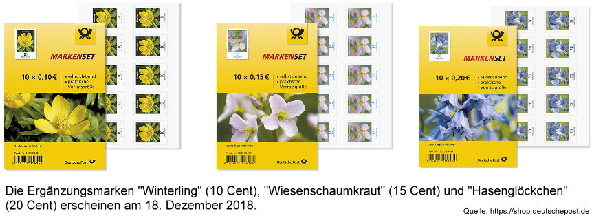 Neue Ergänzungsmarken der Deutschen Post zu 10, 15 und 20 Cent