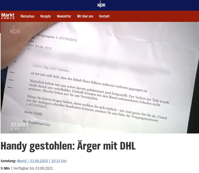 NDR-Magazin berichtet über gestohlenes Handy aus DHL-Paket
