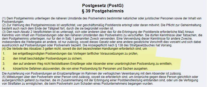 Paragraph 39 des Postgesetzes: Postgeheimns