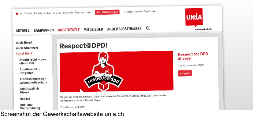 Screenshot von Unia.ch