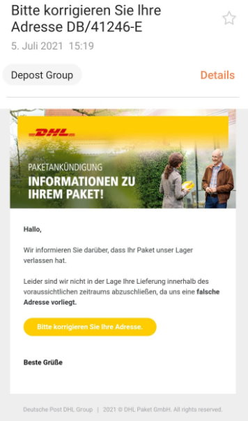 Phishing E-Mail von DHL