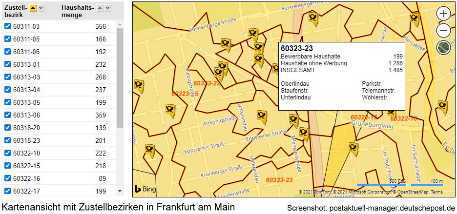 Screenshot mit Zustellbezirken in Frankfurt / Main