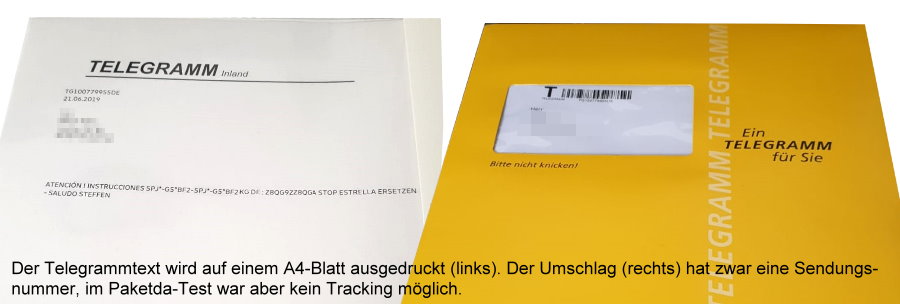 Telegramm mit gelbem Post-Umschlag und Sendungsnummer