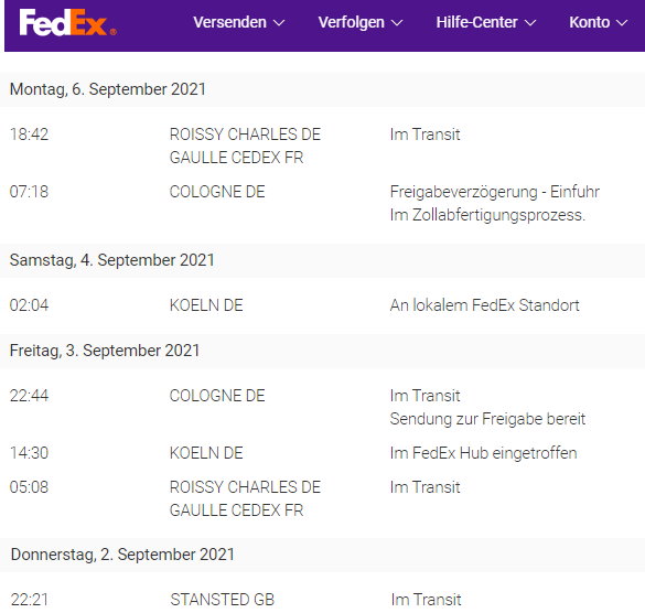 FedEx-Paket via Roissy Charles de Gaulle CEDEX FR